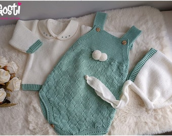 Ensemble 3 pièces pour bébé barboteuse en tricot vert avec pull et  béguin adorable cadeau de naissance