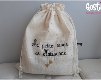 Sac de naissance avec broderie Ma petite tenue de Naissance ou texte de votre choix  en tissu double gaze entièrement doublé pour bébé