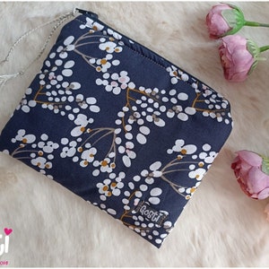 Porte monnaie en tissu porte carte pochette zippée petite trousse à bijoux coton imprimé japonais bleu et moutarde cadeau pour elle