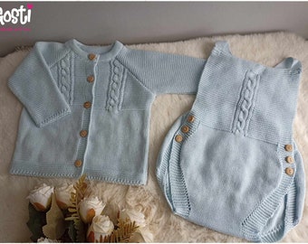 Ensemble 2 pièces pour bébé barboteuse et gilet en tricot bleu clair adorable cadeau de naissance