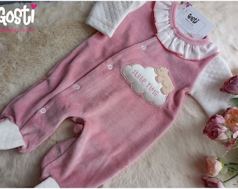 Dors-bien en velours haute qualité avec broderie application ourson très élégant et confortable pyjama bébé cadeau de naissance adorable