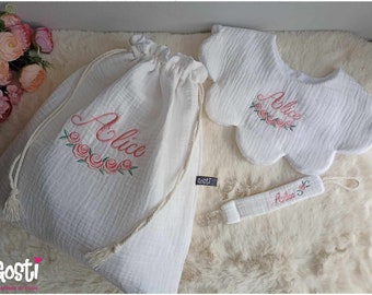 Birth set with embroidery first name and small roses birth bag pacifier clip and flower bib adorable birth gift