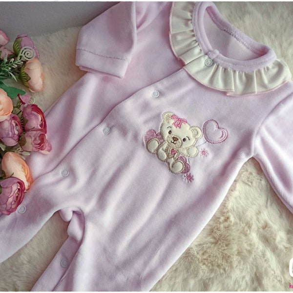 Dors-bien en velours haute qualité avec broderie application ourson très élégant et confortable pyjama bébé cadeau de naissance adorable