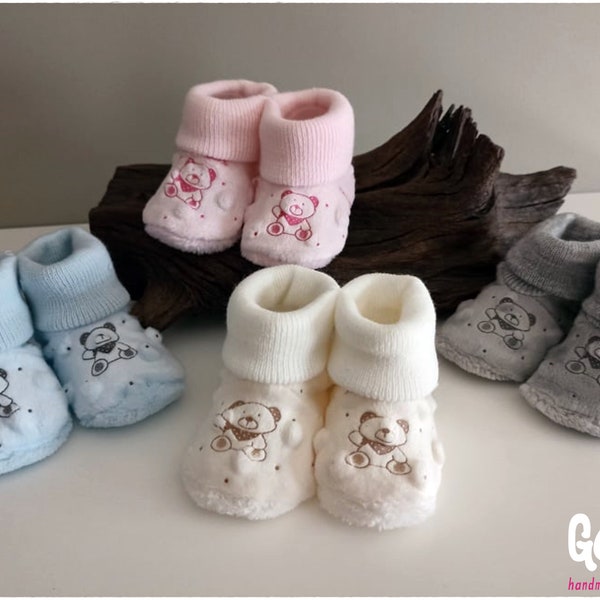 Chausson bébé Petit Ourson en Minky 4 couleurs taille unique adorable cadeau de naissance