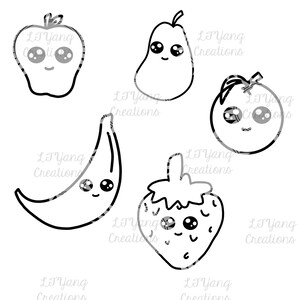 Puede incluir: Ilustración en blanco y negro de línea de arte de cinco frutas con caras de dibujos animados lindas: una manzana, una pera, un plátano, una fresa y un tomate.