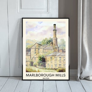 May include: A watercolor illustration of Marlborough Mills in Milton, England. The image features a tall brick chimney and a multi-story building with windows. The sky is a light blue with white clouds.