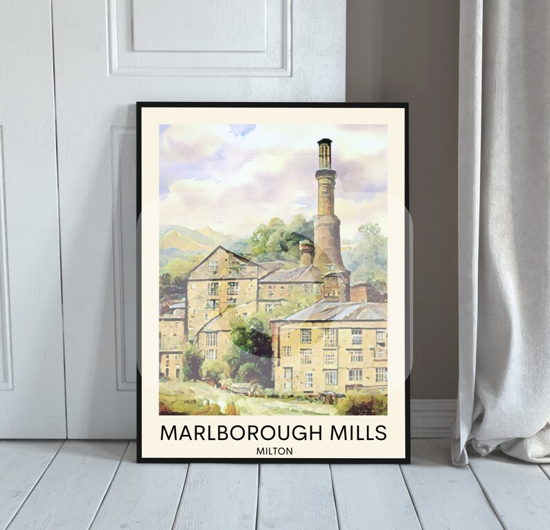 May include: A watercolor illustration of Marlborough Mills in Milton, England. The image features a tall brick chimney and a multi-story building with windows. The sky is a light blue with white clouds.