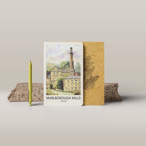 May include: A vintage postcard featuring a watercolor illustration of Marlborough Mills in Milton. The postcard is cream colored with brown text and a brown border. The illustration depicts a brick building with a tall chimney and a row of windows.