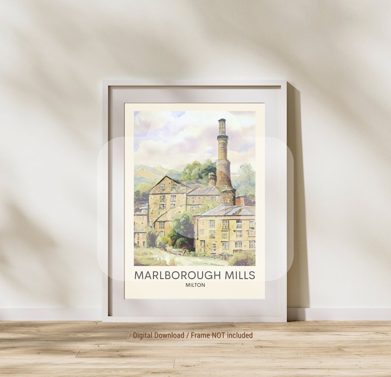 May include: A watercolor painting of Marlborough Mills in Milton, a historic building with a tall chimney and multiple windows. The painting is framed in a white frame and is ready to hang on a wall.