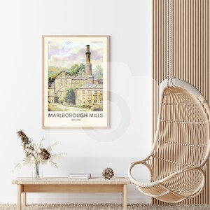 May include: A vintage-style poster with a watercolor illustration of a brick building with a tall chimney. The poster is titled "Marlborough Mills, Milton".