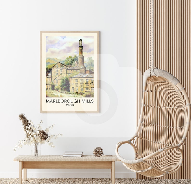 May include: A vintage-style poster with a watercolor illustration of a brick building with a tall chimney. The poster is titled "Marlborough Mills, Milton".