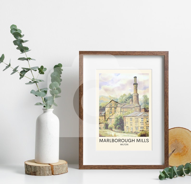 May include: A framed print of a watercolor painting depicting Marlborough Mills in Milton. The print features a tall brick chimney and a group of buildings with a cloudy sky in the background.