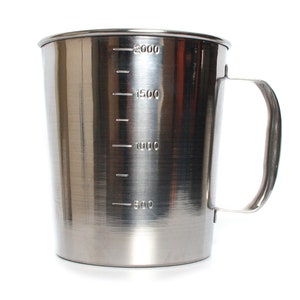 May include: A stainless steel measuring cup with a handle. The cup has markings for 500, 1000, 1500, and 2000 milliliters.