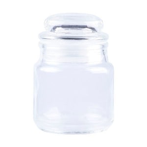 May include: A clear glass jar with a lid. The jar is empty and has a square shape.