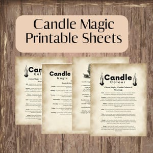 May include: A set of four off-white printable sheets with black text and candle illustrations. The sheets feature the title Candle Magic and Candle Colour, detailing meanings for various colours and days of the week for candle rituals.