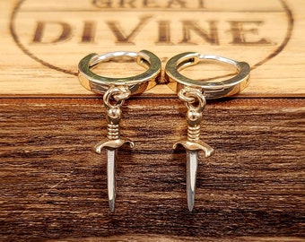 Sterling Silver Mini Sword Earrings: Dainty Huggie Hoop Earrings