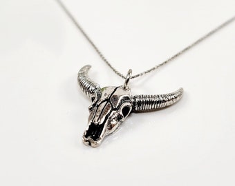 Sterling Silver Cow Skull Necklace, Steer Skull Necklace, Cow Skull Pendant, Longhorn Skull Necklace, Boho Necklace, Bull Skull Necklace