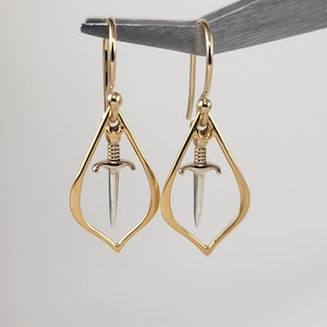 Minimalist Sword Earrings, Small Dainty Gold Sword Earrings for Women, Unique Sword Dangle Earrings