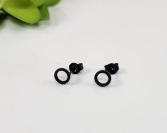 Black Open Circle Stud Earrings For Men, Small Circle Earrings for Men, Black Stud Earrings for Men, Black Circle Earrings Men, Guys Earring