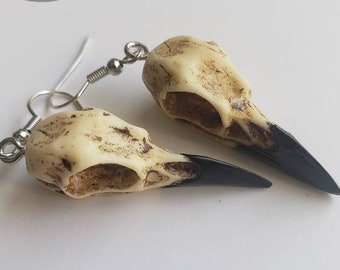 Raven Skull Earrings, Dangle Raven Skull Earrings, Crow Skull Earrings, Bird Skull Earrings