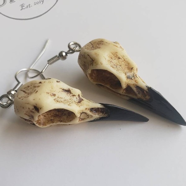 Raven Skull Earrings, Dangle Raven Skull Earrings, Crow Skull Earrings, Bird Skull Earrings