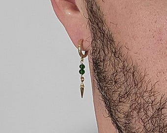 Créoles en or pour hommes, pointes de pierres précieuses vert émeraude, boucle d'oreille simple minimaliste