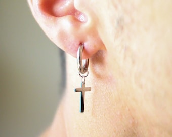 Dangling Cross Earring for Men, Hanging Cross Earring Men, Hoop Cross Earring Men, Cross Earring for Guys, Male Cross Earring