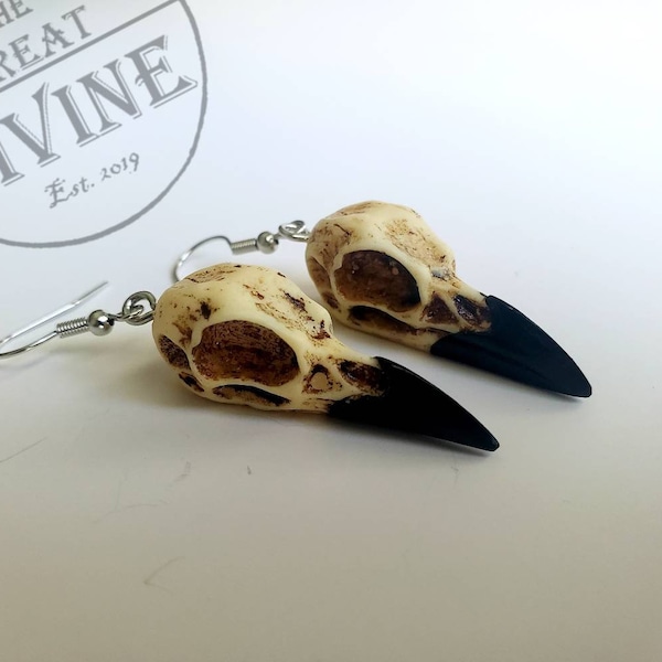 Raven Skull Earrings, Dangle Raven Skull Earrings, Crow Skull Earrings, Bird Skull Earrings
