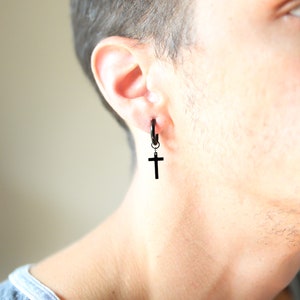 Mens dangle cross earrings black Clearance