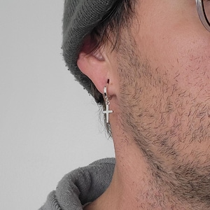 Sterling Silver Cross Dangle Earring, Guys Cross Earring, Men&#39;s Drop Earring, Popular Men&#39;s Earring, Minimalist Cross Earring for Men