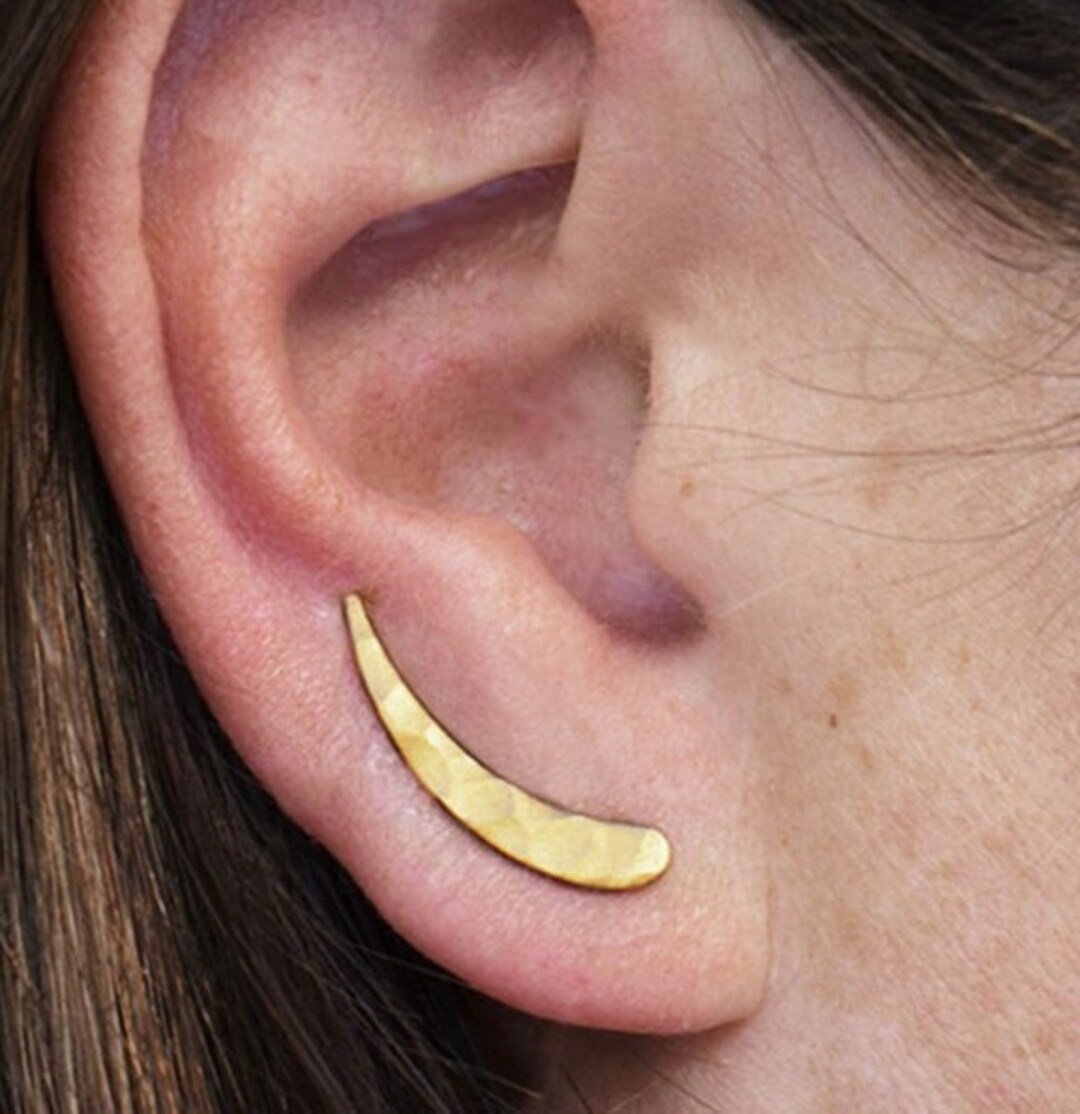 24K Gold Hammered Finish Ear Climber Earrings, Gold Climber Earrings