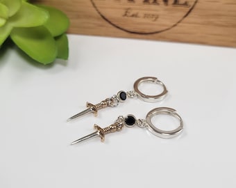 Tiny Sword Earrings with Gemstones, Dainty Gold Daggers