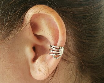 PAIR SILVER CLAMP-ON SKELETON EAR CUFFS earrings spine vertebrae ribcage goth PAIR SILVER CLAMP-ON SKELETON EAR CUFFS earrings spine vertebrae ribcage goth