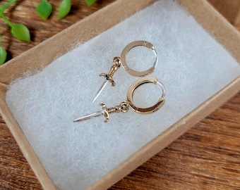Mini Sword Earrings, Huggie Sword Earrings, Tiny Sword Earrings, Small Sword Earrings, Sterling Silver Sword Earrings, Dainty Sword Earrings