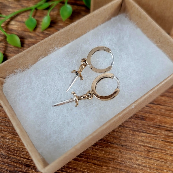 Mini Sword Earrings, Huggie Sword Earrings, Tiny Sword Earrings, Small Sword Earrings, Sterling Silver Sword Earrings, Dainty Sword Earrings