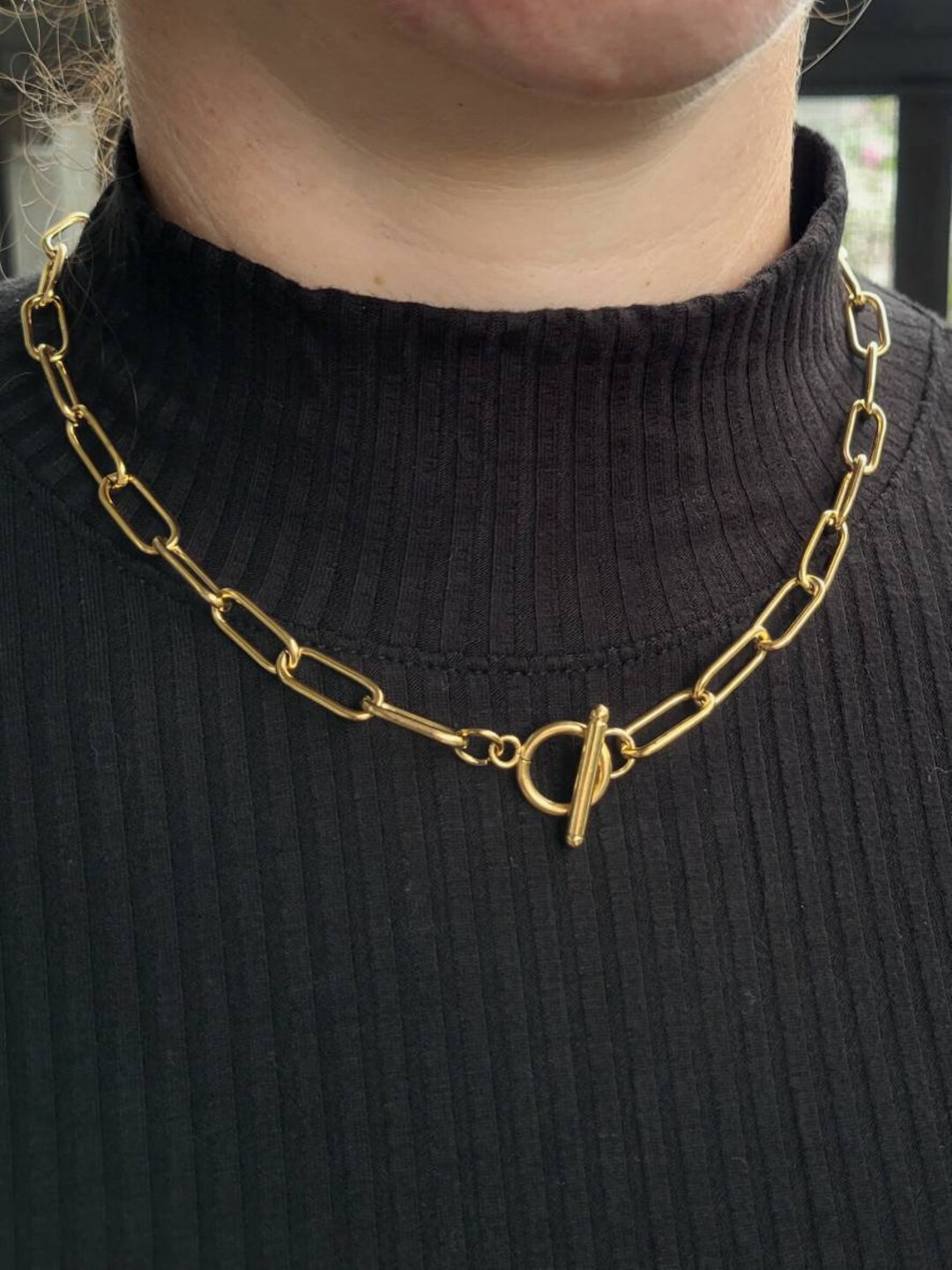 Gold Paper Clip Chain With Toggle Clasp, Gold Paper Clip Toggle