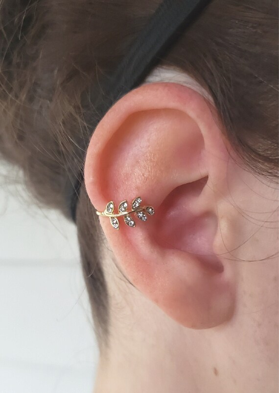 Cute Ear Cuff With Small Diamonds Leaf Ear Cuff With Gems Cute Ear