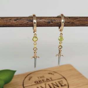 Tiny Sword Hoop Earrings with Birthstone, Dainty Sword Dangle Earrings, Gemstone Sword Drop Earrings