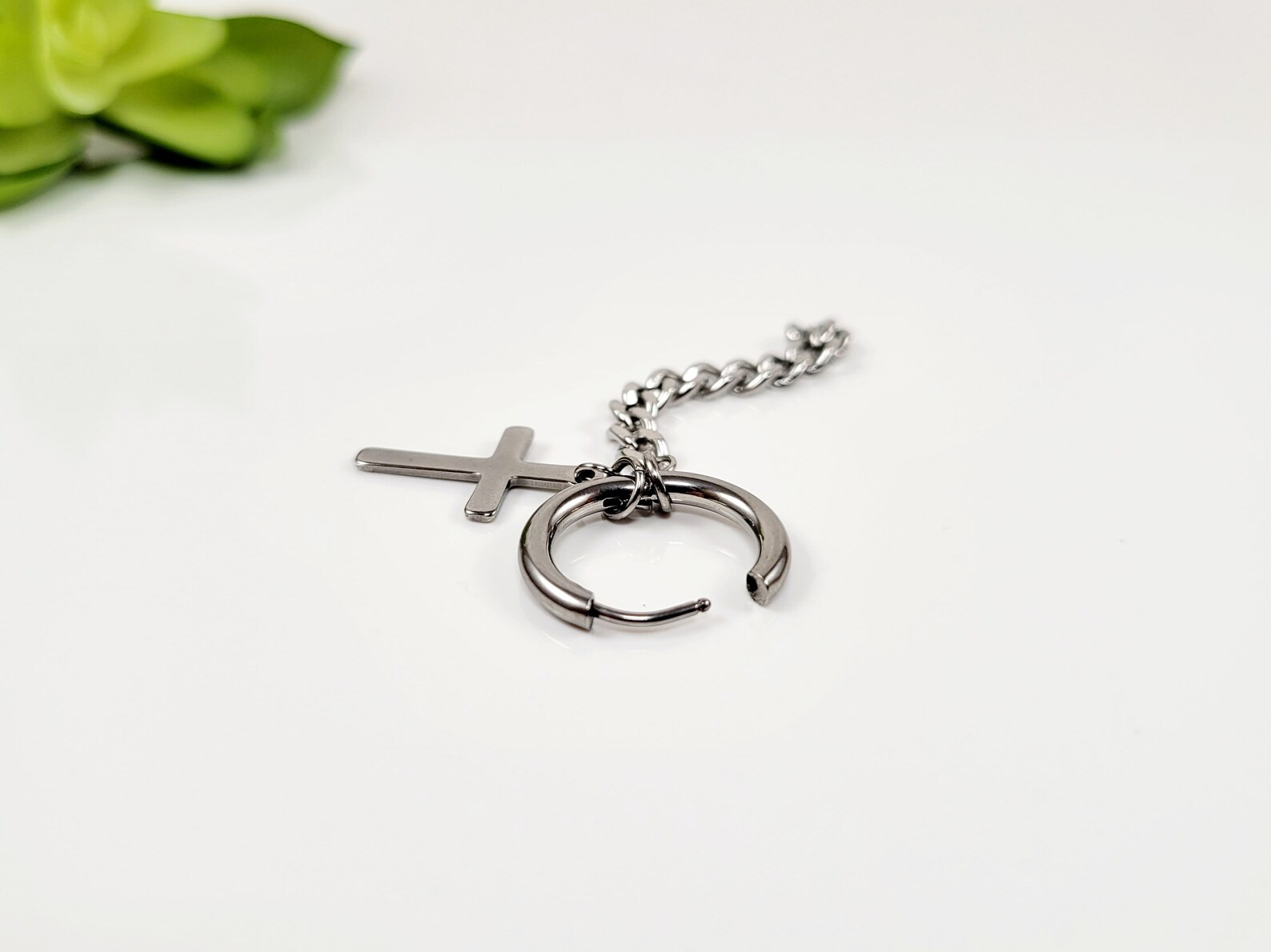 Mens Silver Cross Dangle Earring With Chain Dangle Cross Etsy