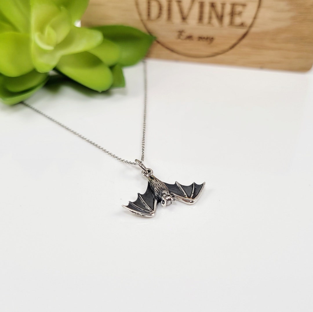 Sterling Silver Bat Necklace, Bat Wings Charm, Bat Charm, Dainty Bat
