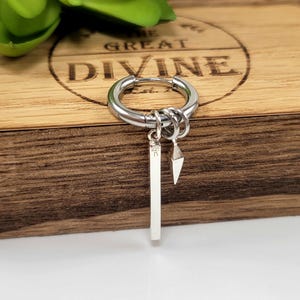 Geometric Bar Earring with Spike, Mens Dangle Earring Sterling Silver, Dainty Mens Designer Earring, Minimalist Modern Earrings for Men