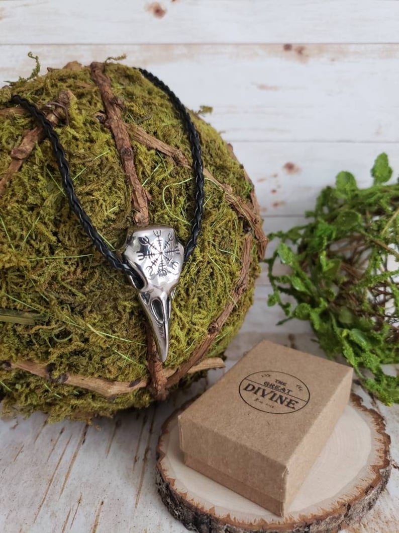 Helm of Awe Necklace Viking Raven Necklace Viking Jewelry Icelandic Jewelry Viking Raven Pendant Raven Skull Necklace