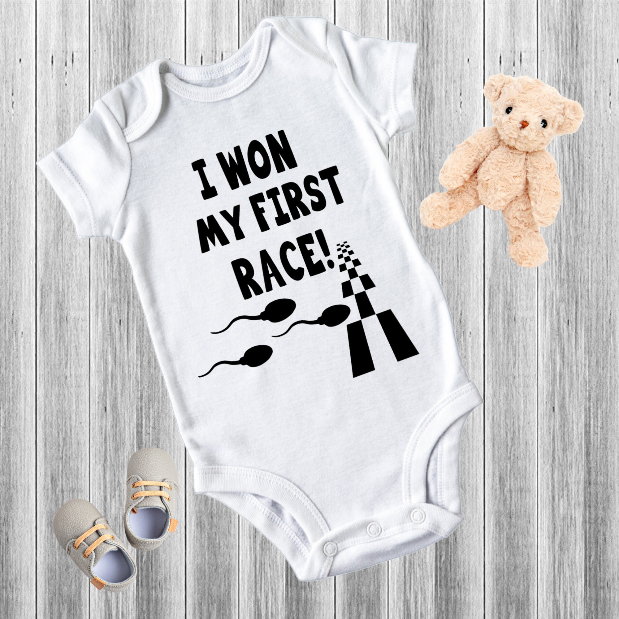 "I Won My First Race!" Funny Baby Onesie Bodysuit - 100% Cotton, Snap Closure (Gerber Brand)