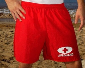 red lifeguard swim trunks