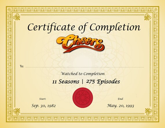 Certificate Of Completion Cheers Etsy