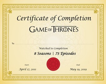 Certificate of Completion Game of Thrones