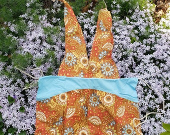 Brown BOHO Vintage Style Floral Apron With Ruffle Skirt