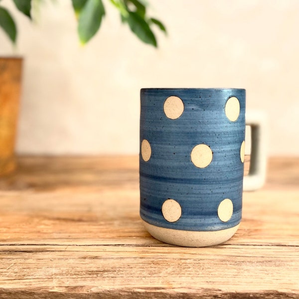 Spotty Stoneware Mug, Blue Ceramic Mug, Polka Dot Mug, Large Coffee Mug, Scandi Homeware, Drinking Mug, Birthday Present