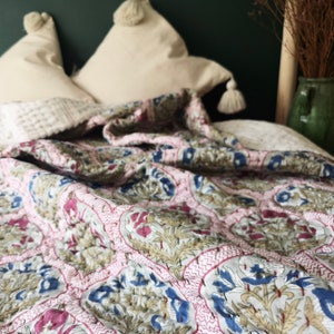 Kantha Quilt Bedspread, Printed Cotton Quilt, Spring Summer Bedding, Quilted Bedspread, Cotton Bedding, Gifts for Home