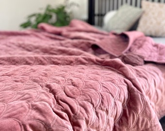 Luxury Velvet Bedspread, Large Quilted Bedspread with Tassels, Scallop Quilted Bedding, Wedding Present, Bedroom Decor